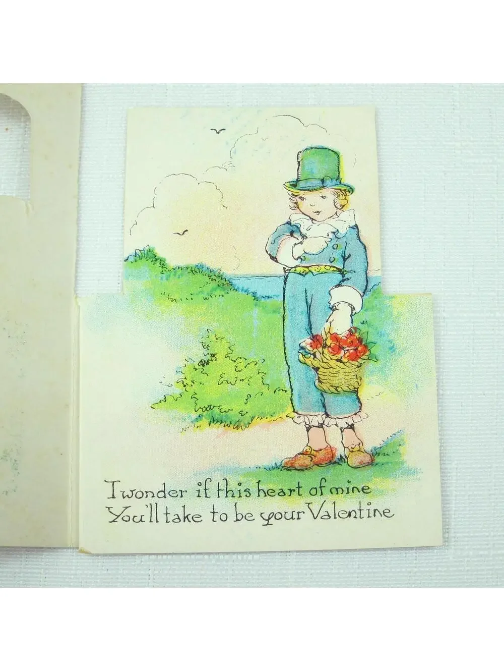 Vintage Valentine Die cut Fold 3D Card Cute Girl & Boy Garden 1920s-30s UNSIGNED